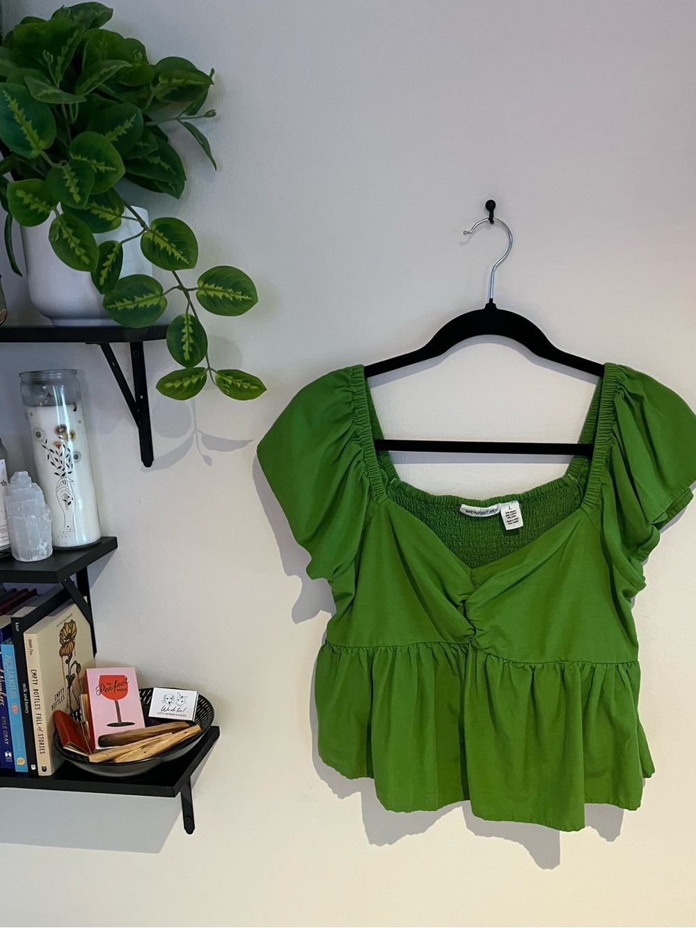 Green Puff Sleeve Peplum Top
